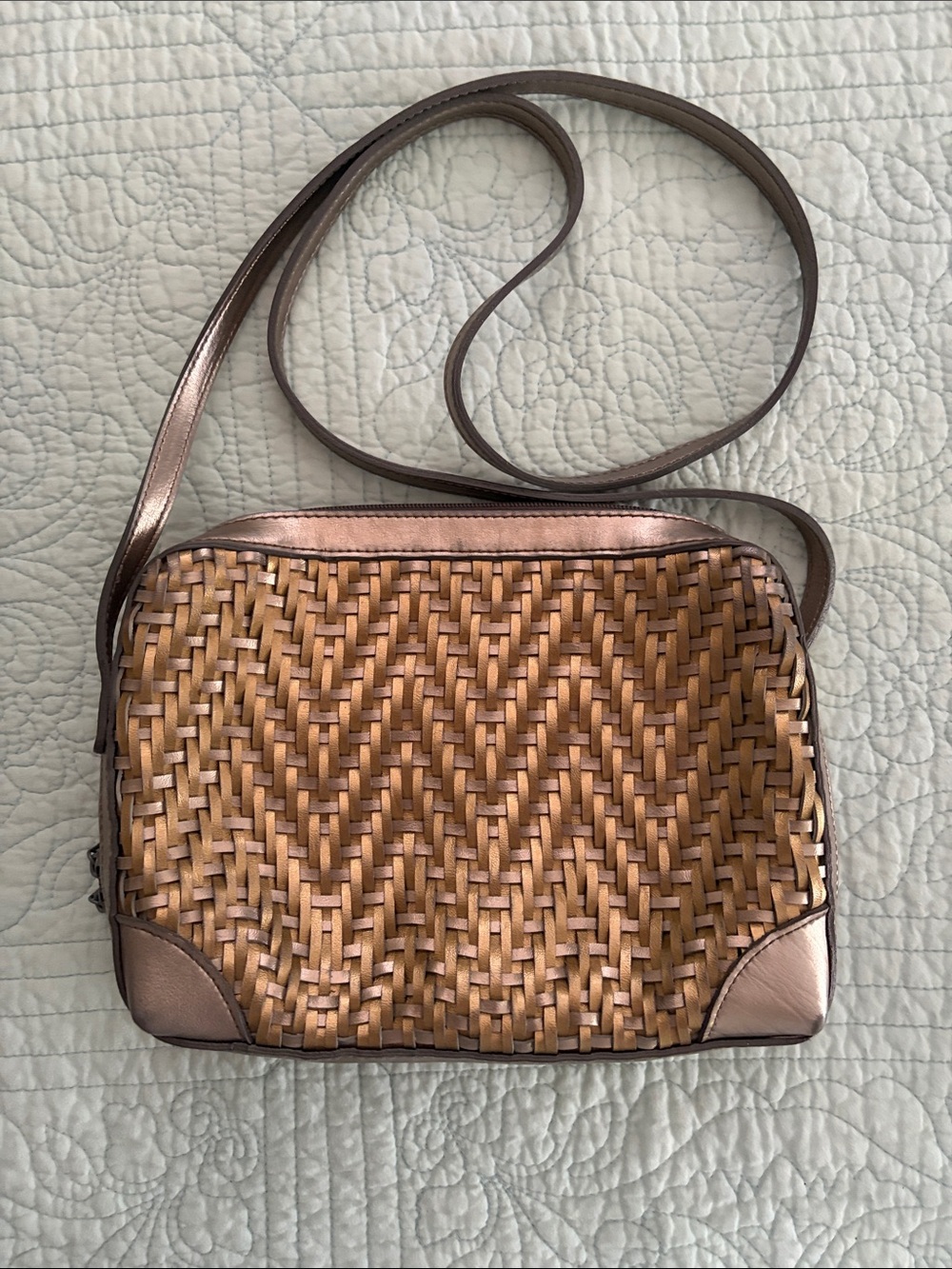Vintage Metallic Woven Crossbody Bag